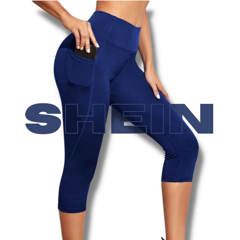 SHEIN Large Blue Wide Waistband Sports Leggings with Pockets NWOT